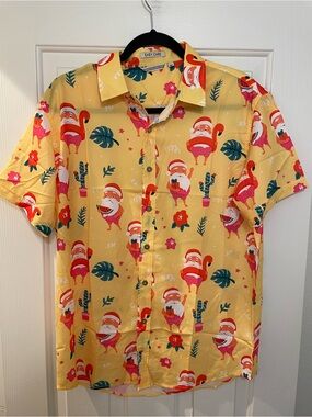 Santa Claus Flamingo Hawaiian Shirt Men’s Size M Short Sleeve Button Down